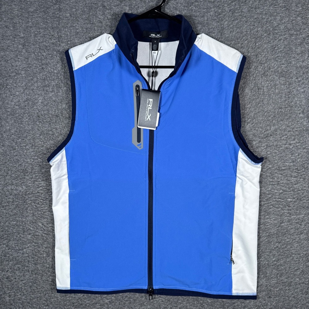 NEW RLX Ralph Lauren Golf Vest Mens Medium Blue White Full Zip Sport Performance